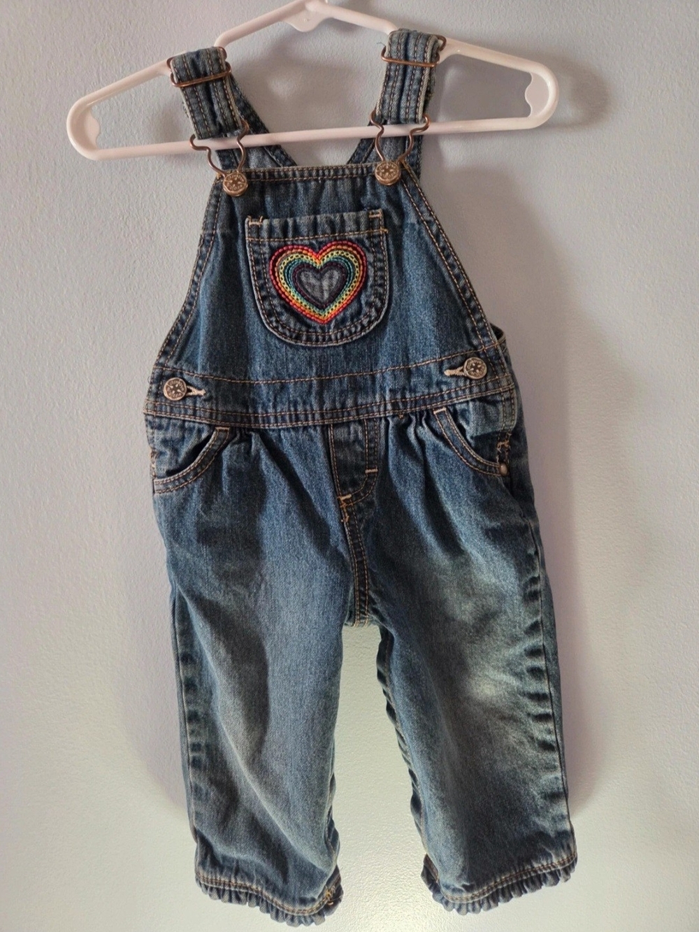 OshKosh B'gosh Blue Denim Overalls with Rainbow Heart Patch 9 Months